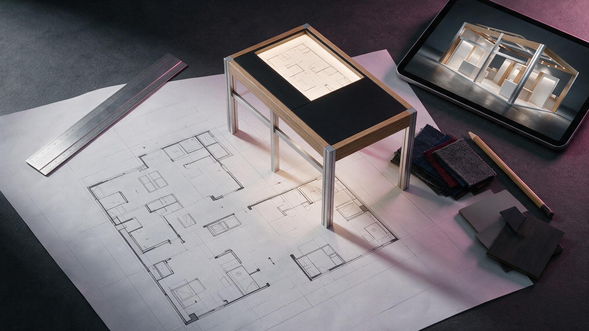 Planos, materiales y maqueta de un stand